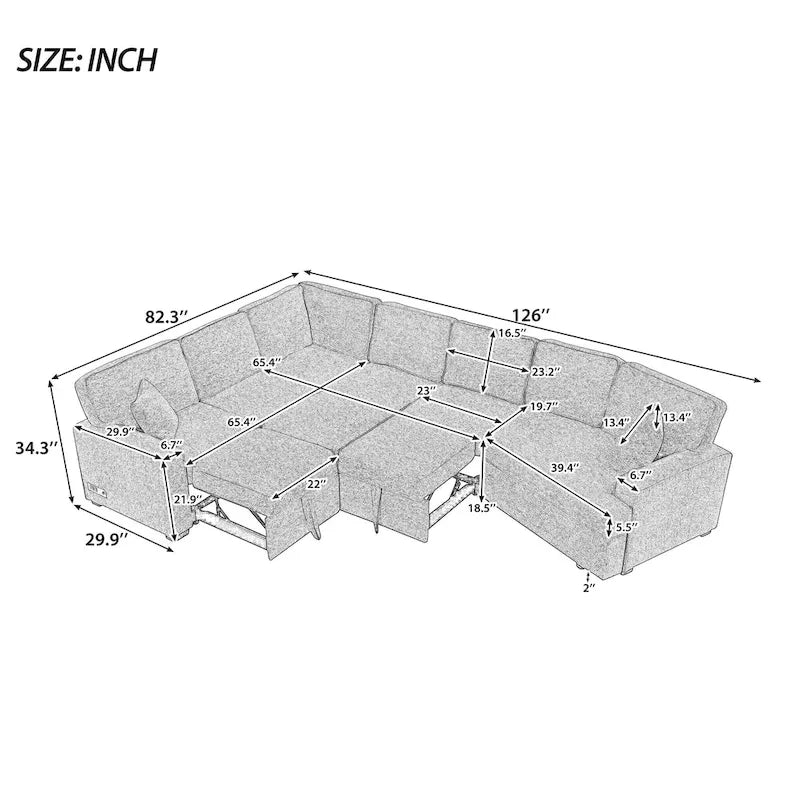 Canapé d'angle en U de 320 cm avec lit gigogne, ports de charge et porte-gobelets