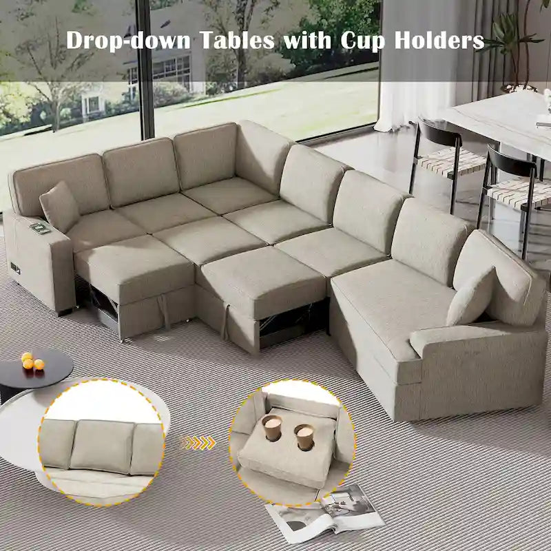 Canapé d'angle en U de 320 cm avec lit gigogne, ports de charge et porte-gobelets