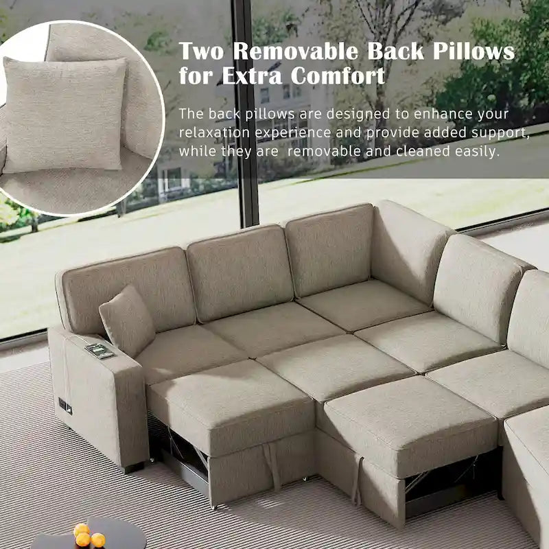 Canapé d'angle en U de 320 cm avec lit gigogne, ports de charge et porte-gobelets
