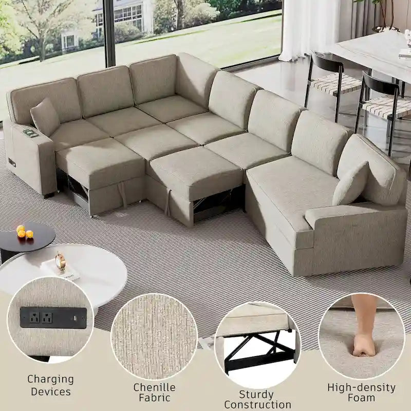 Canapé d'angle en U de 320 cm avec lit gigogne, ports de charge et porte-gobelets