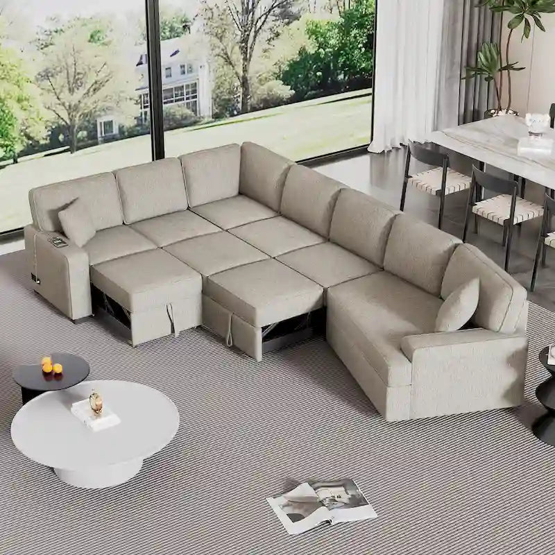 Canapé d'angle en U de 320 cm avec lit gigogne, ports de charge et porte-gobelets