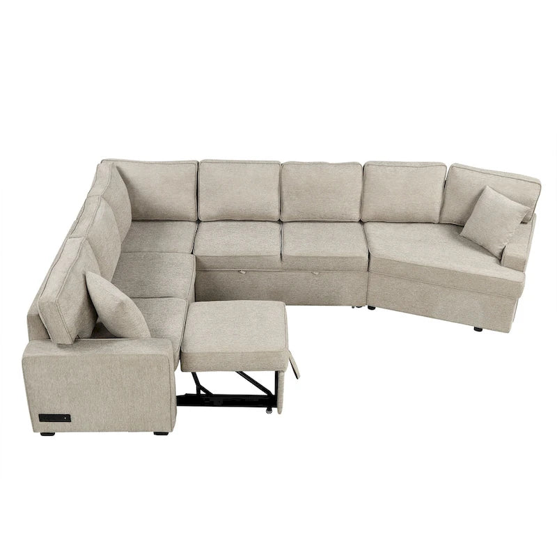 Canapé d'angle en U de 320 cm avec lit gigogne, ports de charge et porte-gobelets