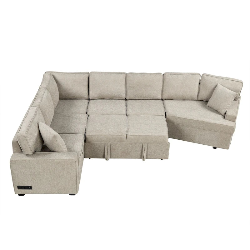 Canapé d'angle en U de 320 cm avec lit gigogne, ports de charge et porte-gobelets