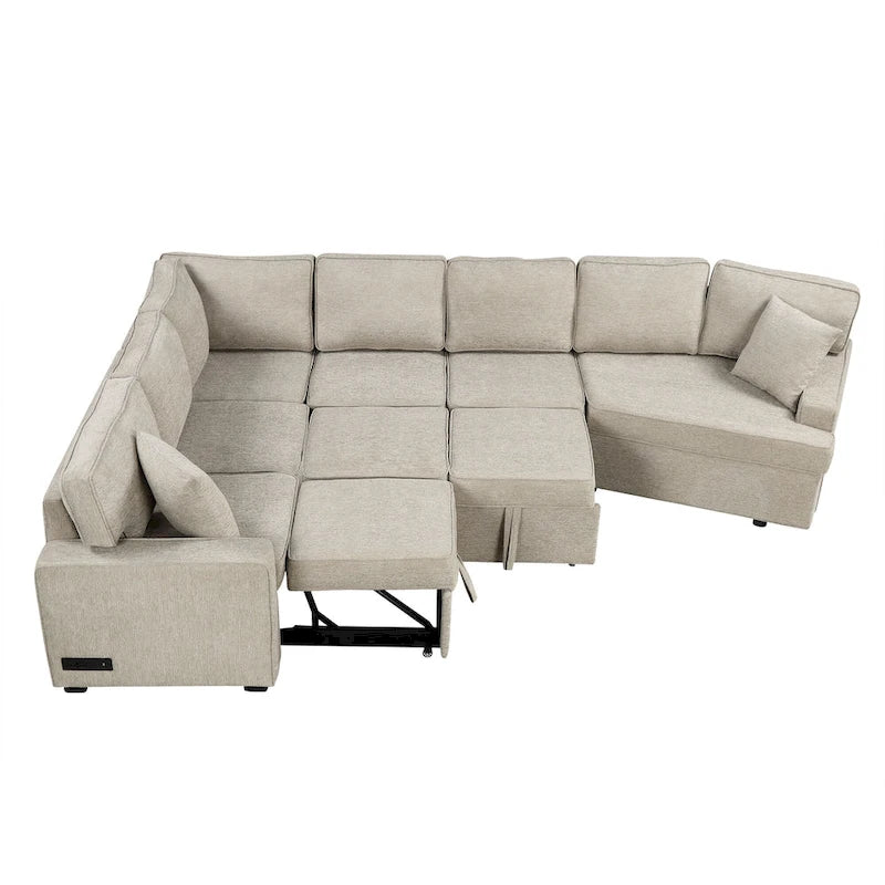 Canapé d'angle en U de 320 cm avec lit gigogne, ports de charge et porte-gobelets