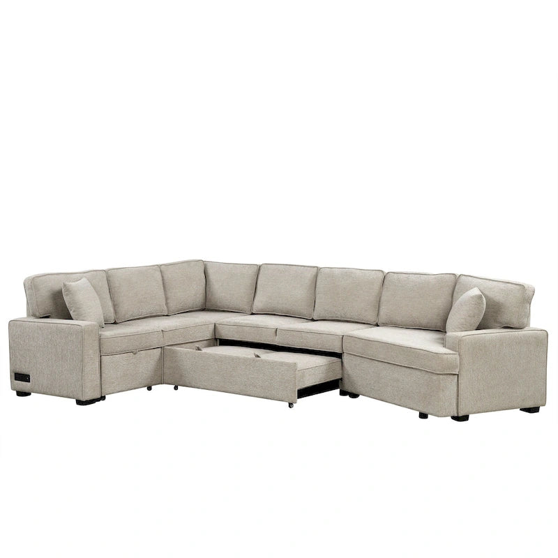 Canapé d'angle en U de 320 cm avec lit gigogne, ports de charge et porte-gobelets