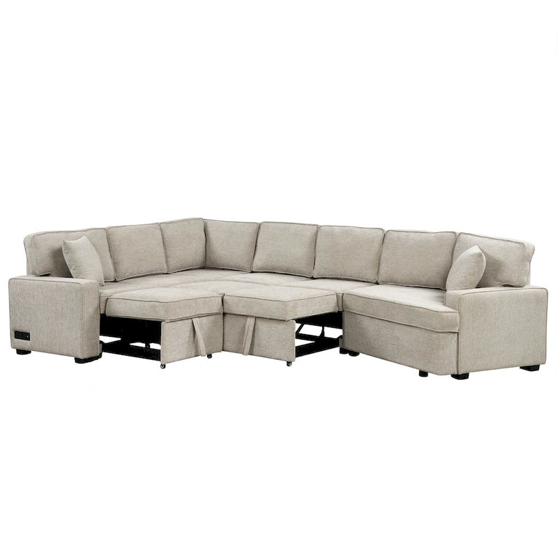 Canapé d'angle en U de 320 cm avec lit gigogne, ports de charge et porte-gobelets