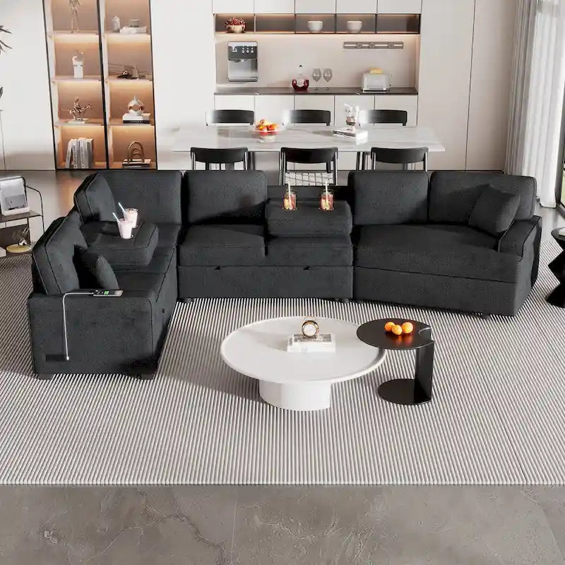 Canapé d'angle en U de 320 cm avec lit gigogne, ports de charge et porte-gobelets