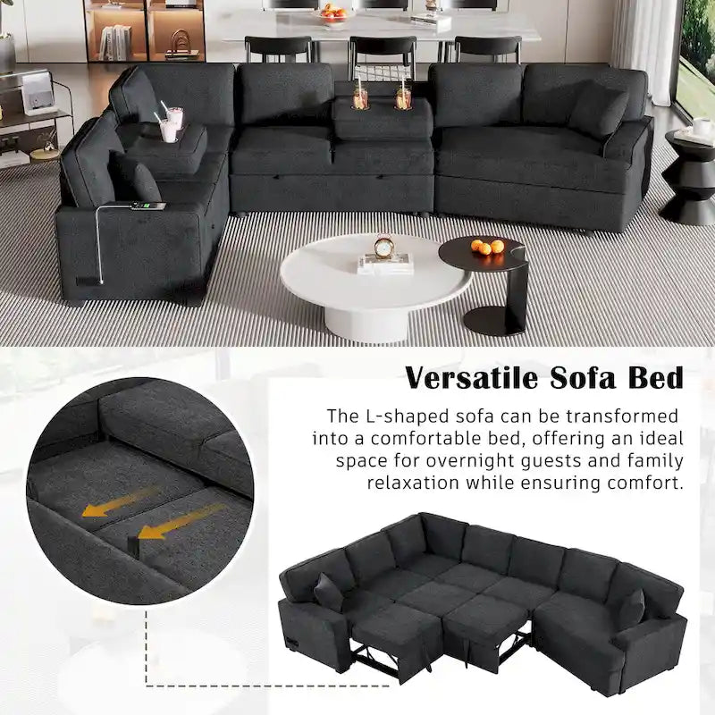 Canapé d'angle en U de 320 cm avec lit gigogne, ports de charge et porte-gobelets