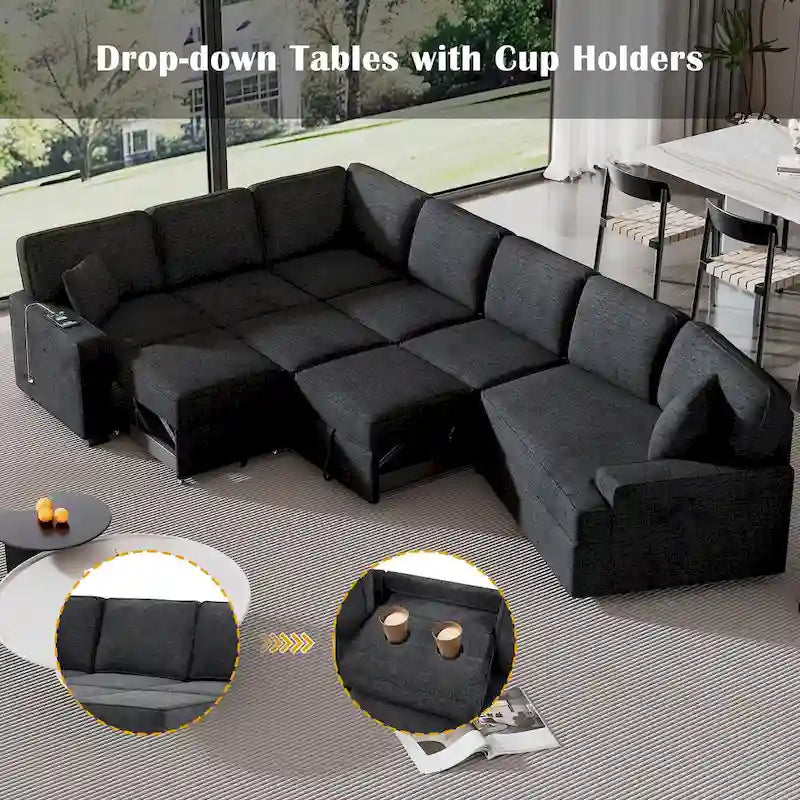 Canapé d'angle en U de 320 cm avec lit gigogne, ports de charge et porte-gobelets