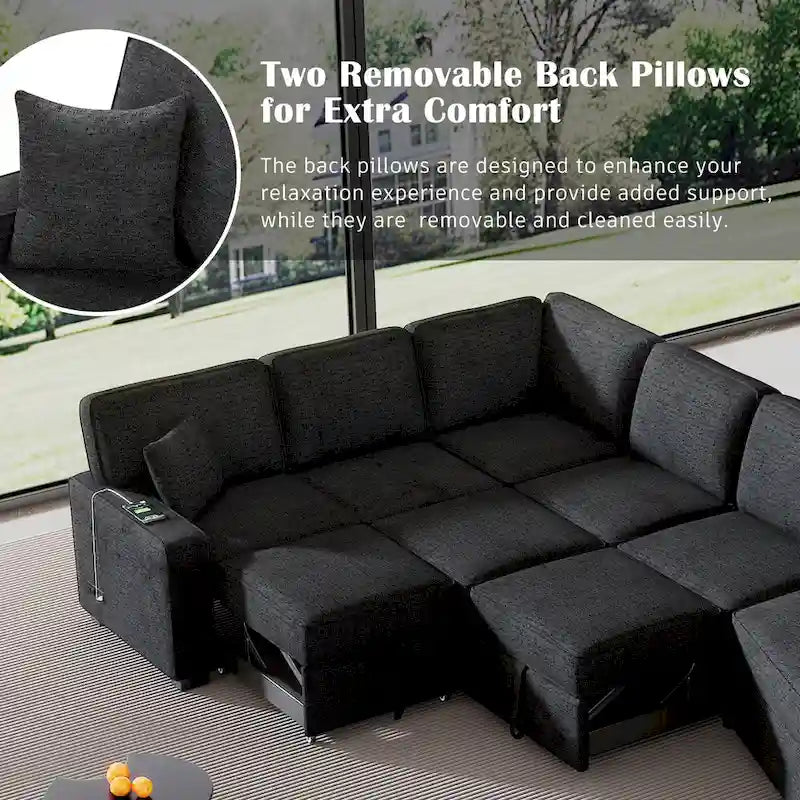 Canapé d'angle en U de 320 cm avec lit gigogne, ports de charge et porte-gobelets