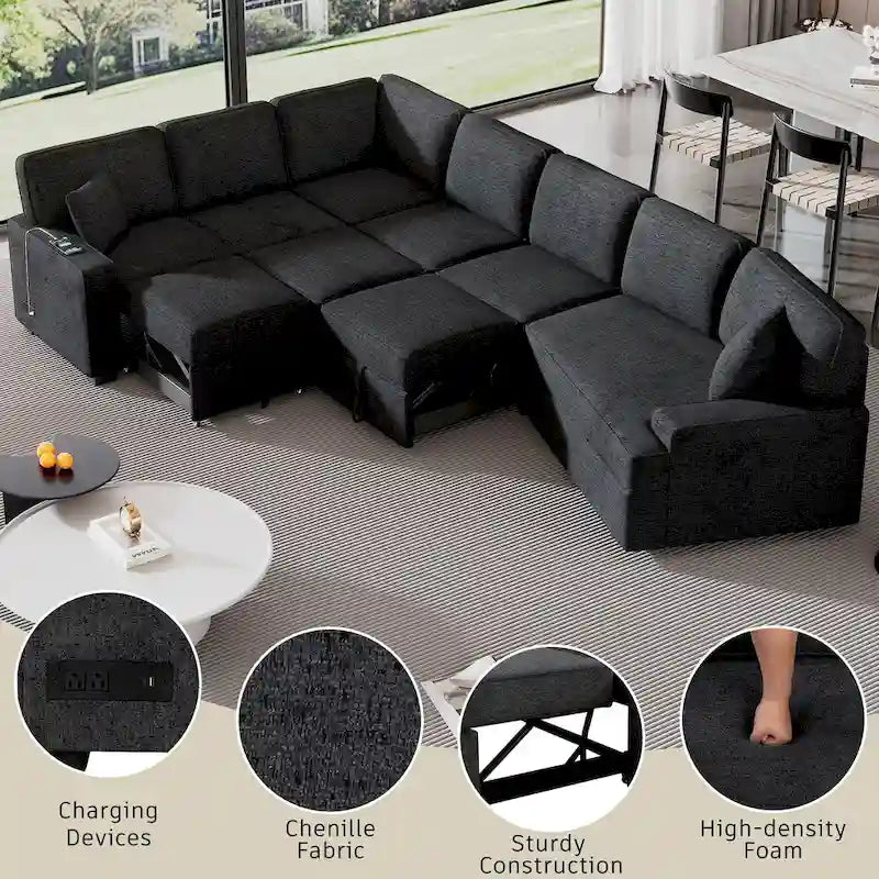 Canapé d'angle en U de 320 cm avec lit gigogne, ports de charge et porte-gobelets