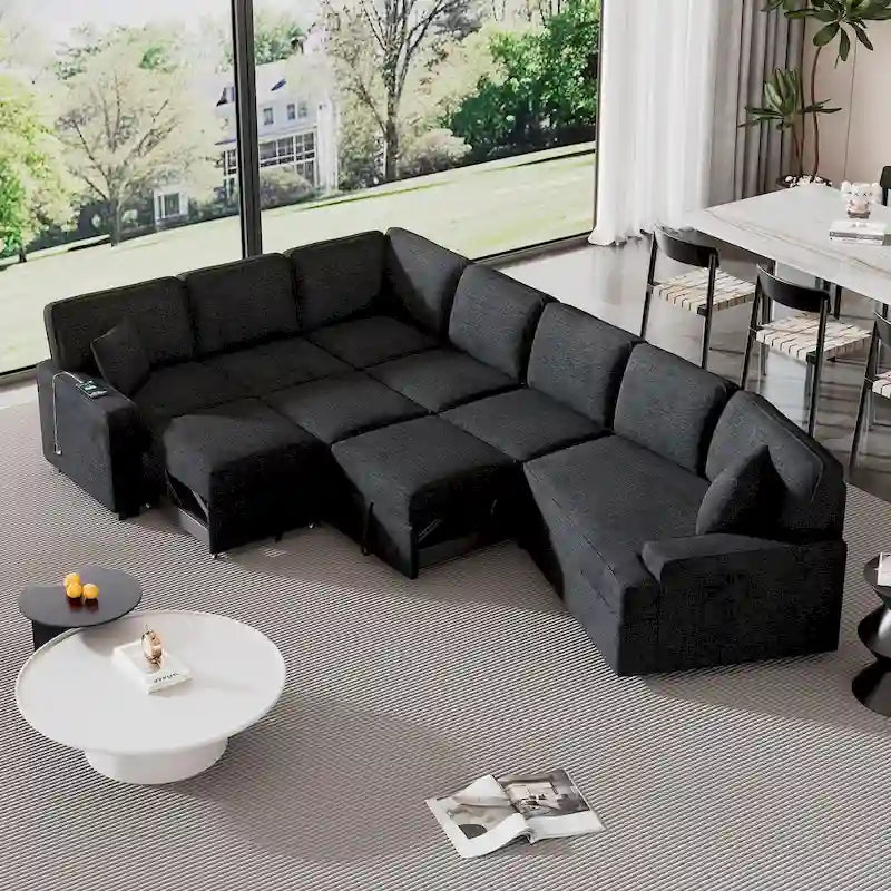 Canapé d'angle en U de 320 cm avec lit gigogne, ports de charge et porte-gobelets