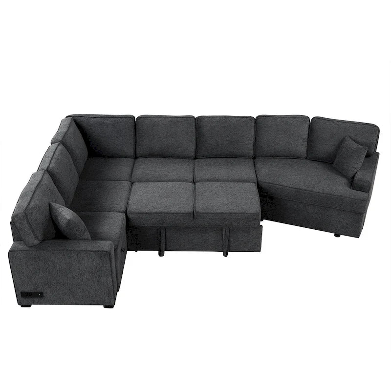 Canapé d'angle en U de 320 cm avec lit gigogne, ports de charge et porte-gobelets