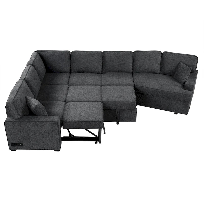 Canapé d'angle en U de 320 cm avec lit gigogne, ports de charge et porte-gobelets