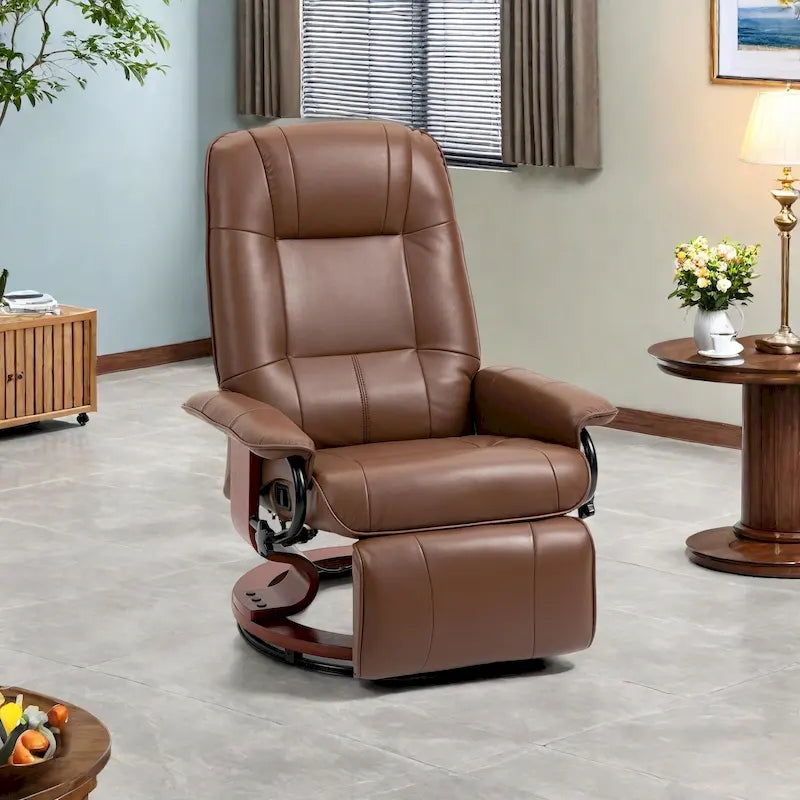 Fauteuil inclinable pivotant manuel avec repose-pieds, accoudoirs et base en bois fermée