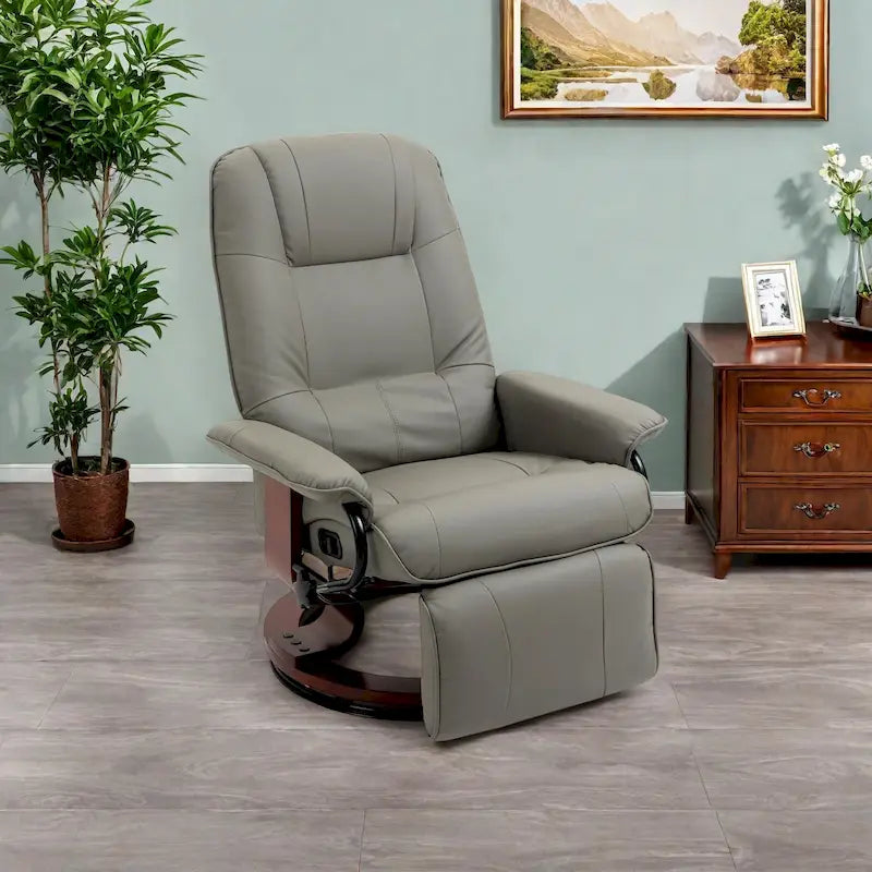 Fauteuil inclinable pivotant manuel avec repose-pieds, accoudoirs et base en bois fermée