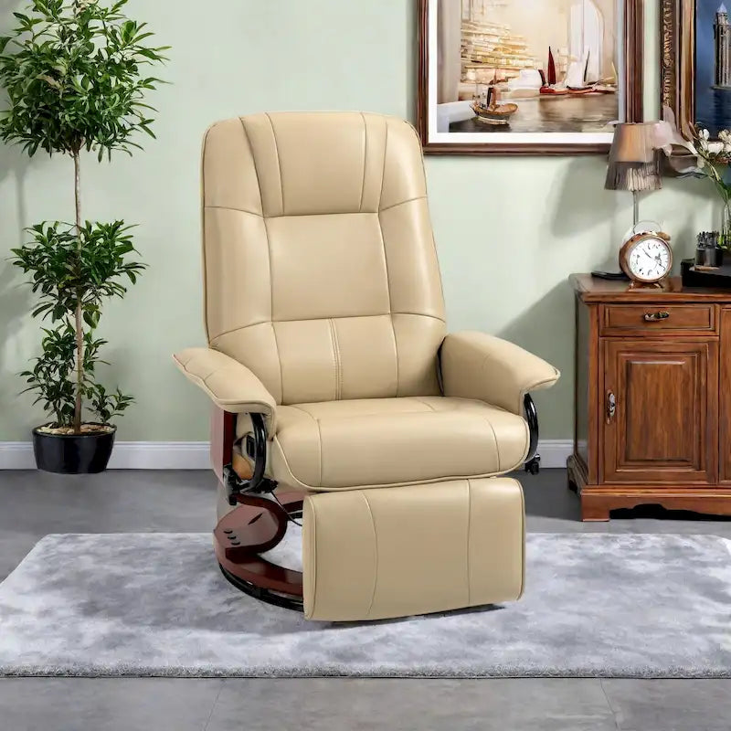 Fauteuil inclinable pivotant manuel avec repose-pieds, accoudoirs et base en bois fermée