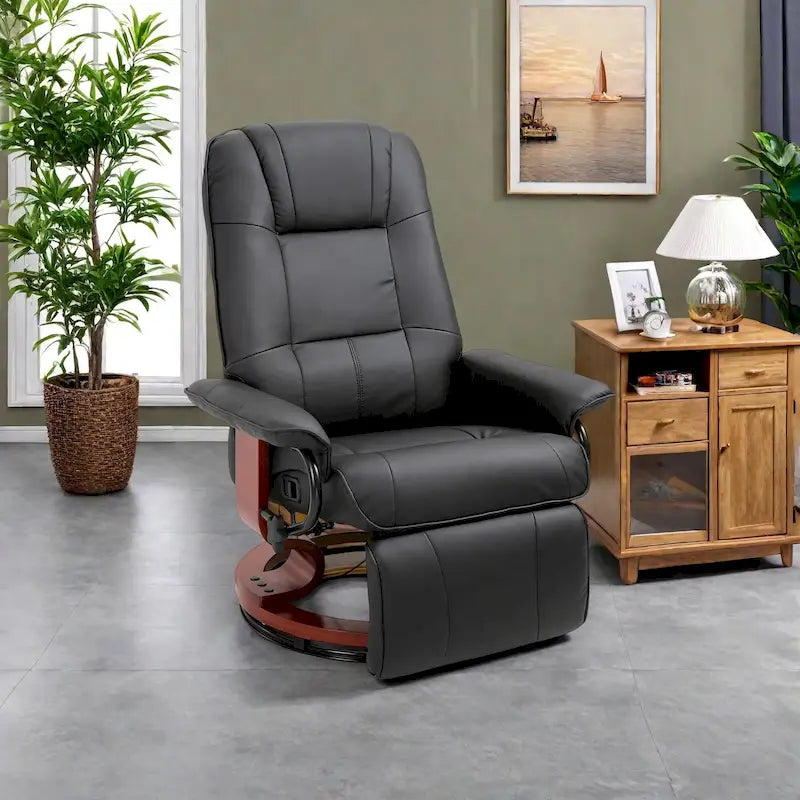 Fauteuil inclinable pivotant manuel avec repose-pieds, accoudoirs et base en bois fermée