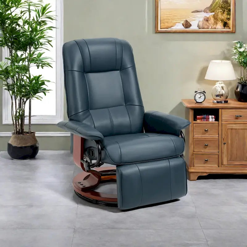 Fauteuil inclinable pivotant manuel avec repose-pieds, accoudoirs et base en bois fermée