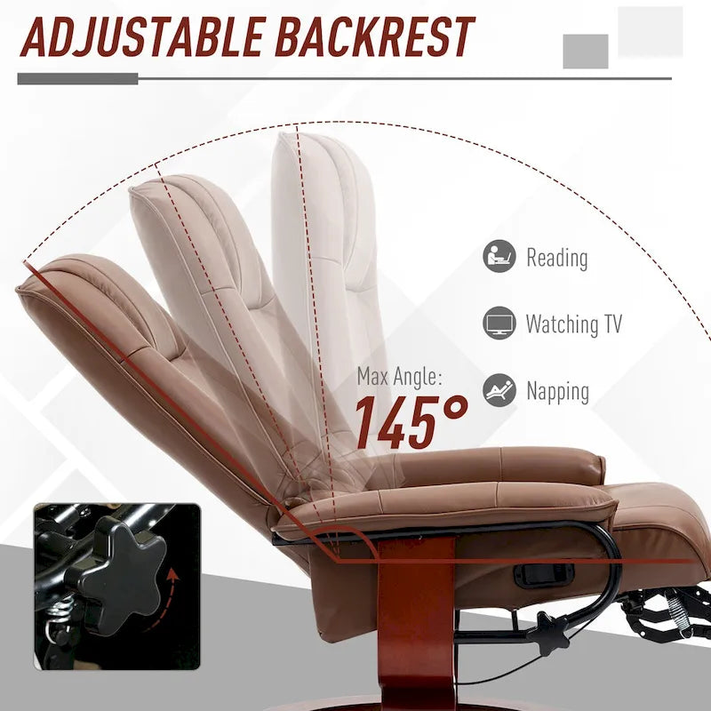 Fauteuil inclinable pivotant manuel avec repose-pieds, accoudoirs et base en bois fermée