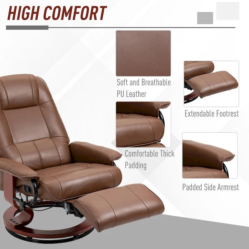 Fauteuil inclinable pivotant manuel avec repose-pieds, accoudoirs et base en bois fermée