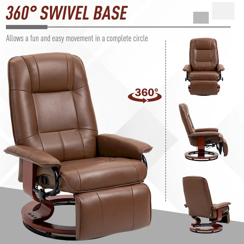 Fauteuil inclinable pivotant manuel avec repose-pieds, accoudoirs et base en bois fermée