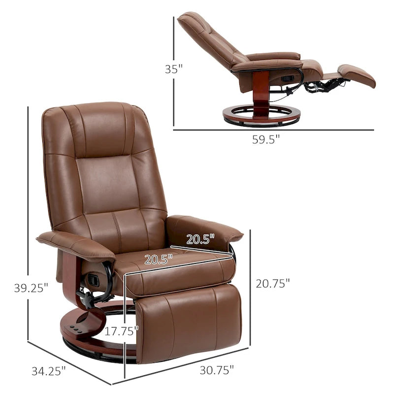 Fauteuil inclinable pivotant manuel avec repose-pieds, accoudoirs et base en bois fermée