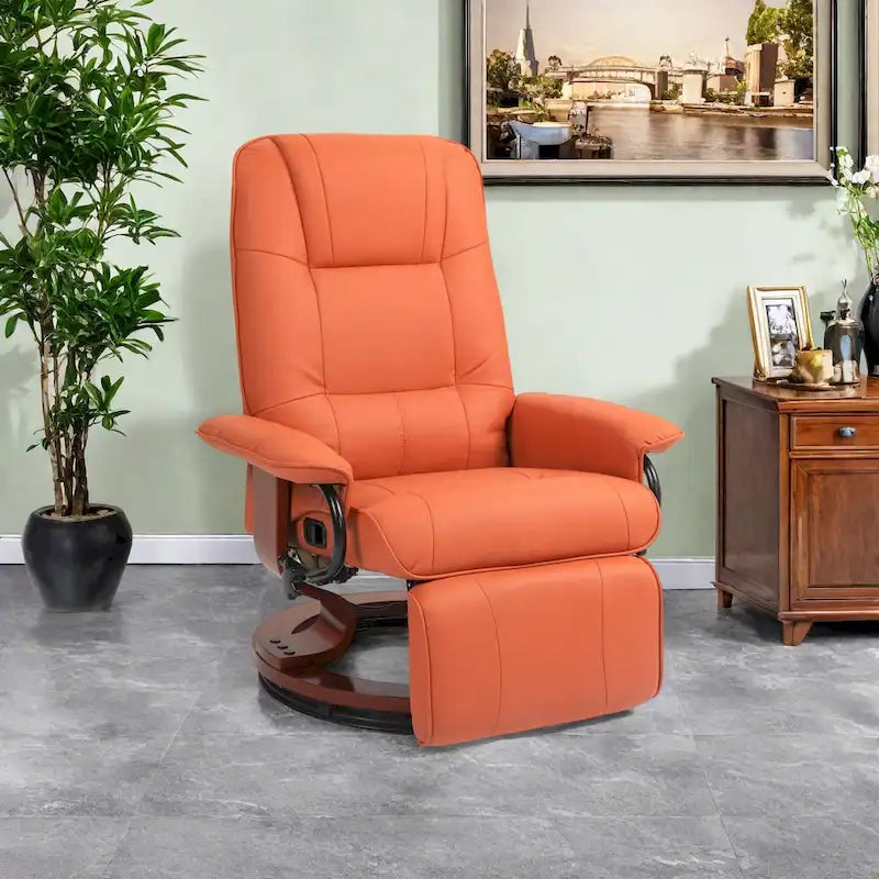 Fauteuil inclinable pivotant manuel avec repose-pieds, accoudoirs et base en bois fermée