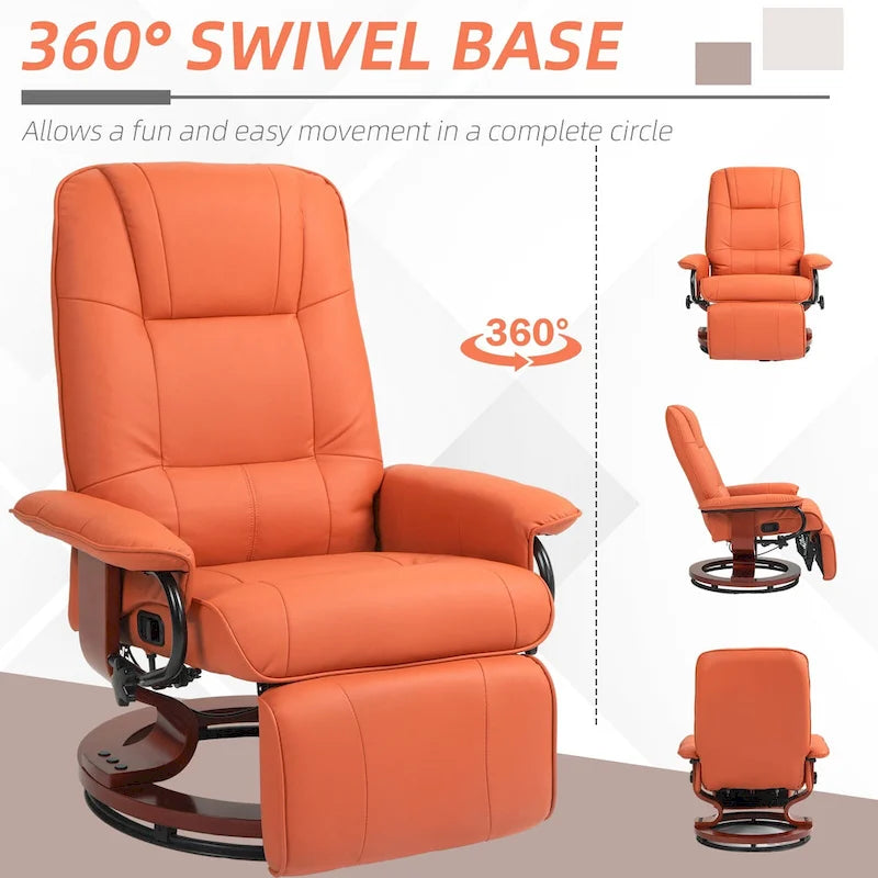 Fauteuil inclinable pivotant manuel avec repose-pieds, accoudoirs et base en bois fermée