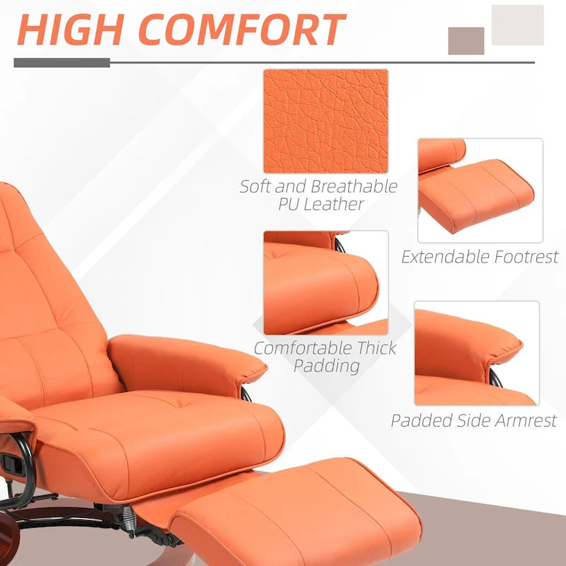 Fauteuil inclinable pivotant manuel avec repose-pieds, accoudoirs et base en bois fermée