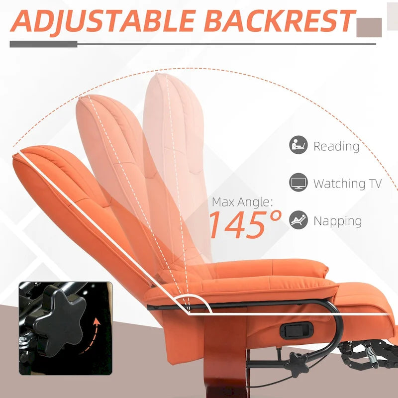 Fauteuil inclinable pivotant manuel avec repose-pieds, accoudoirs et base en bois fermée