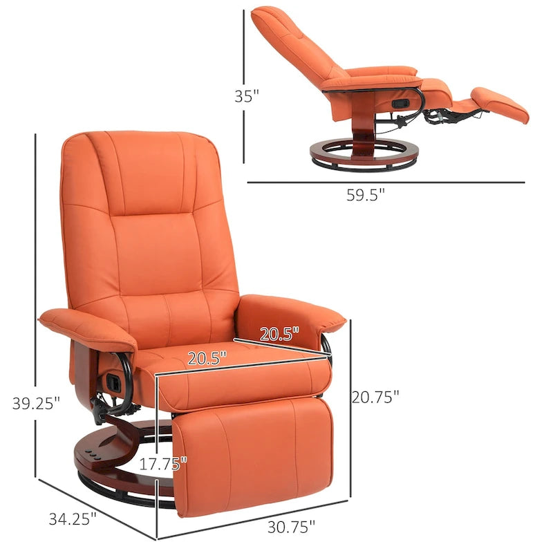 Fauteuil inclinable pivotant manuel avec repose-pieds, accoudoirs et base en bois fermée