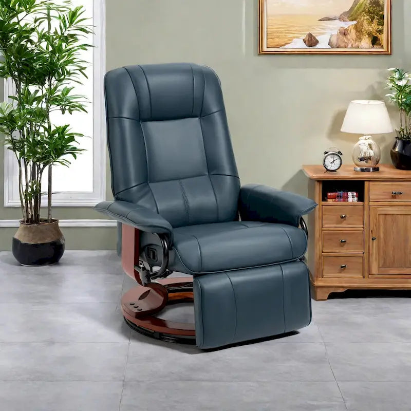 Fauteuil inclinable pivotant manuel avec repose-pieds, accoudoirs et base en bois fermée
