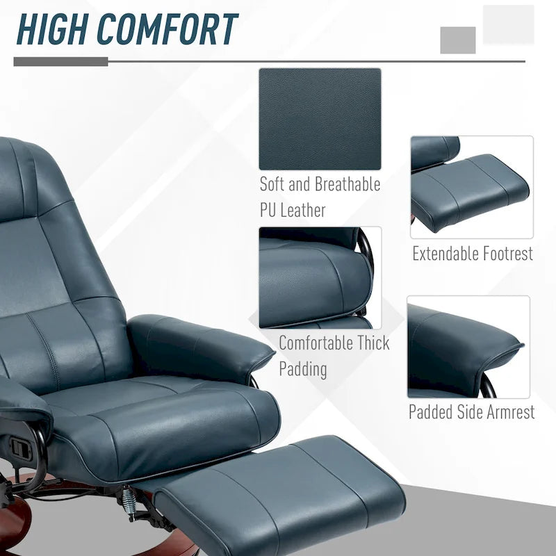Fauteuil inclinable pivotant manuel avec repose-pieds, accoudoirs et base en bois fermée