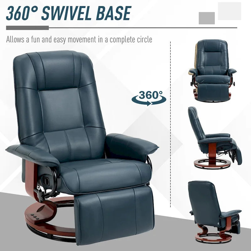 Fauteuil inclinable pivotant manuel avec repose-pieds, accoudoirs et base en bois fermée