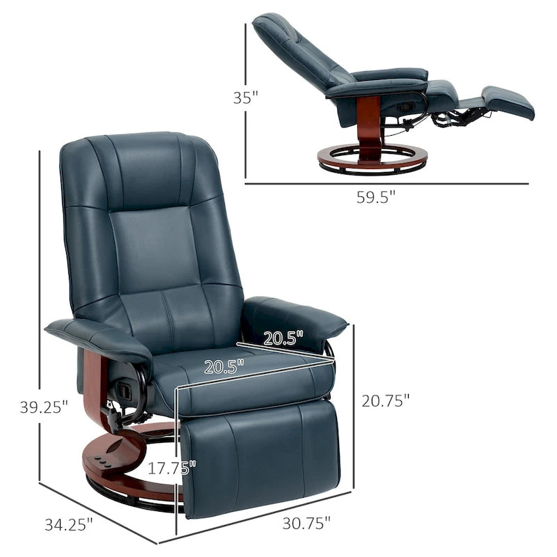 Fauteuil inclinable pivotant manuel avec repose-pieds, accoudoirs et base en bois fermée