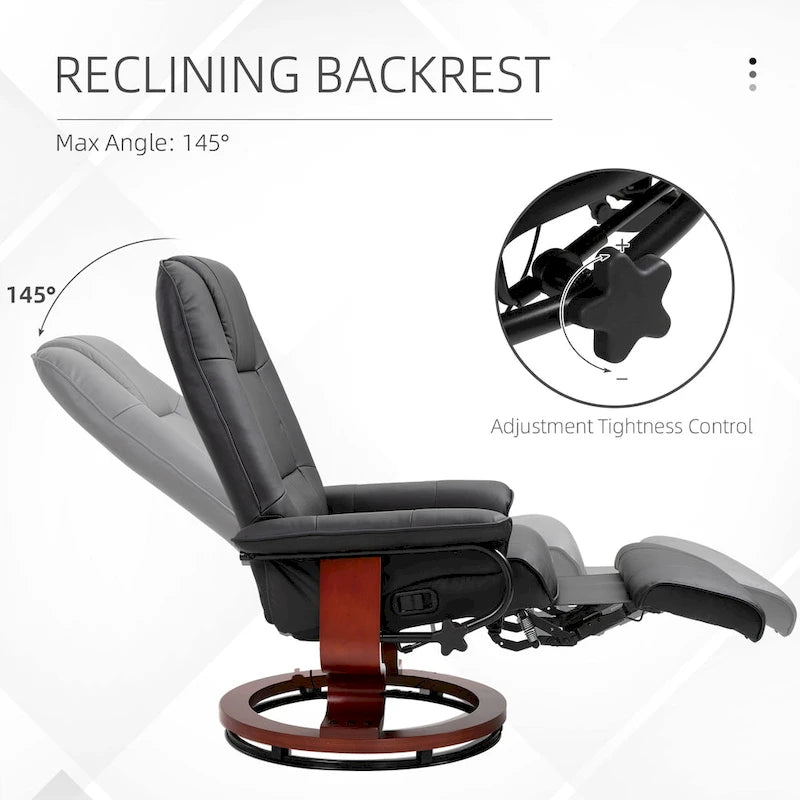 Fauteuil inclinable pivotant manuel avec repose-pieds, accoudoirs et base en bois fermée