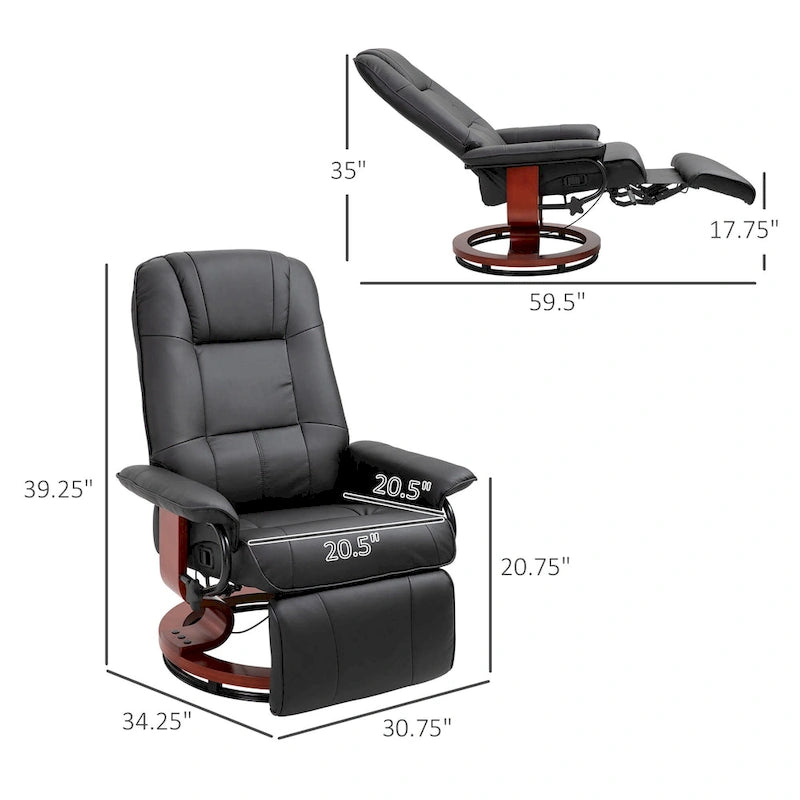 Fauteuil inclinable pivotant manuel avec repose-pieds, accoudoirs et base en bois fermée