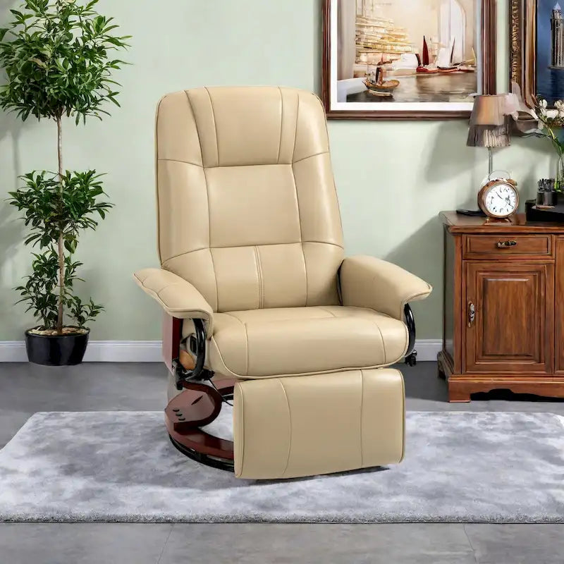 Fauteuil inclinable pivotant manuel avec repose-pieds, accoudoirs et base en bois fermée