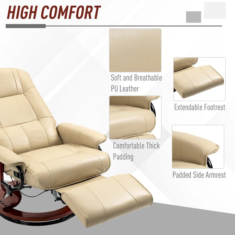 Fauteuil inclinable pivotant manuel avec repose-pieds, accoudoirs et base en bois fermée