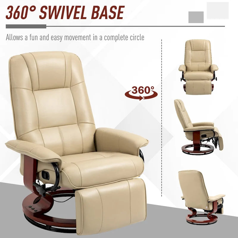 Fauteuil inclinable pivotant manuel avec repose-pieds, accoudoirs et base en bois fermée