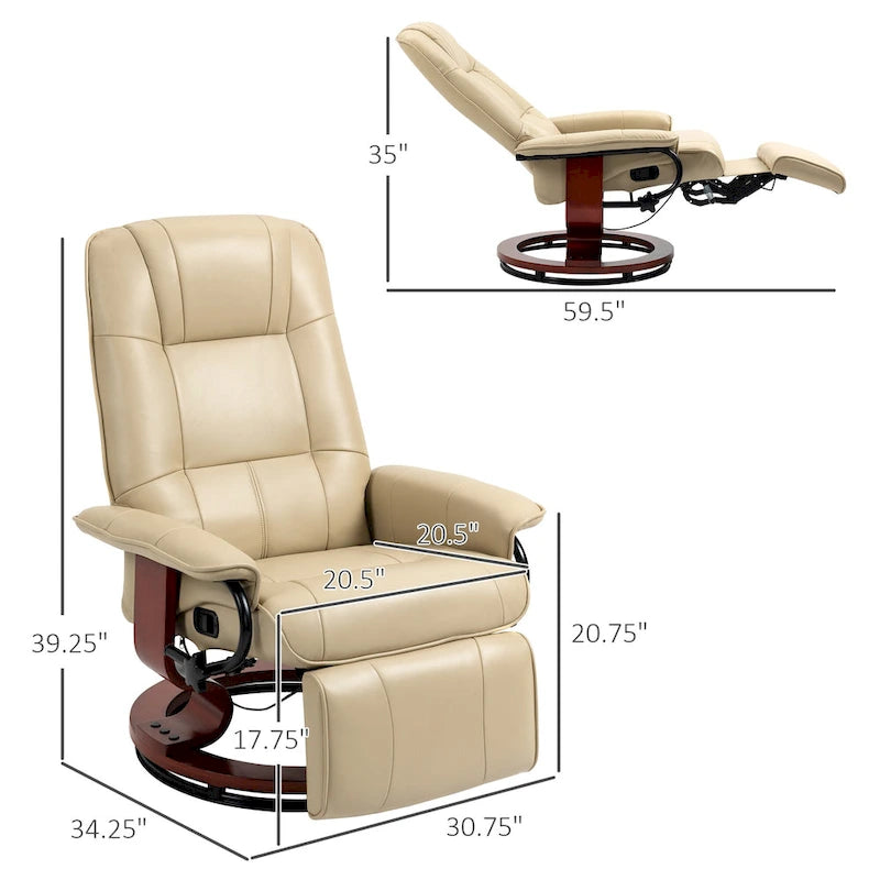 Fauteuil inclinable pivotant manuel avec repose-pieds, accoudoirs et base en bois fermée