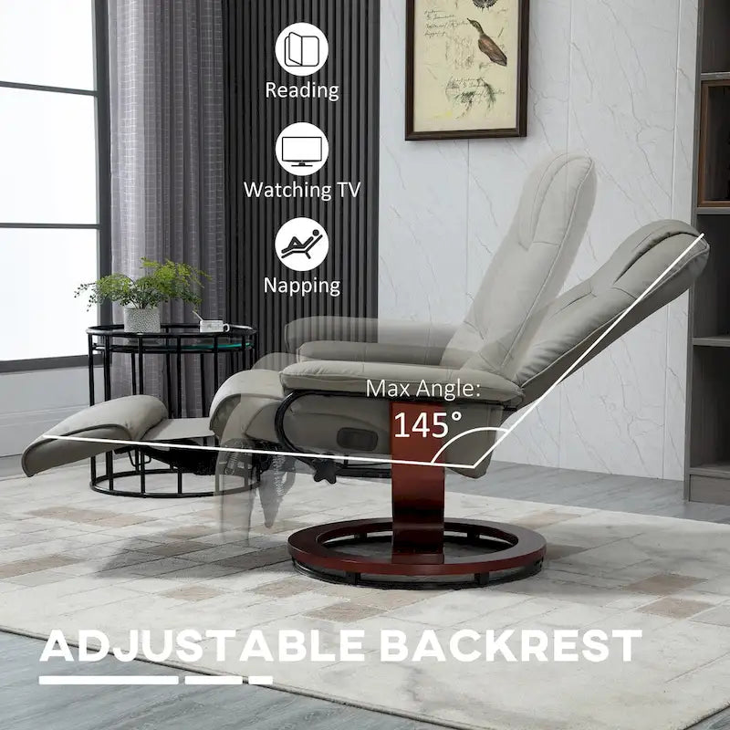 Fauteuil inclinable pivotant manuel avec repose-pieds, accoudoirs et base en bois fermée