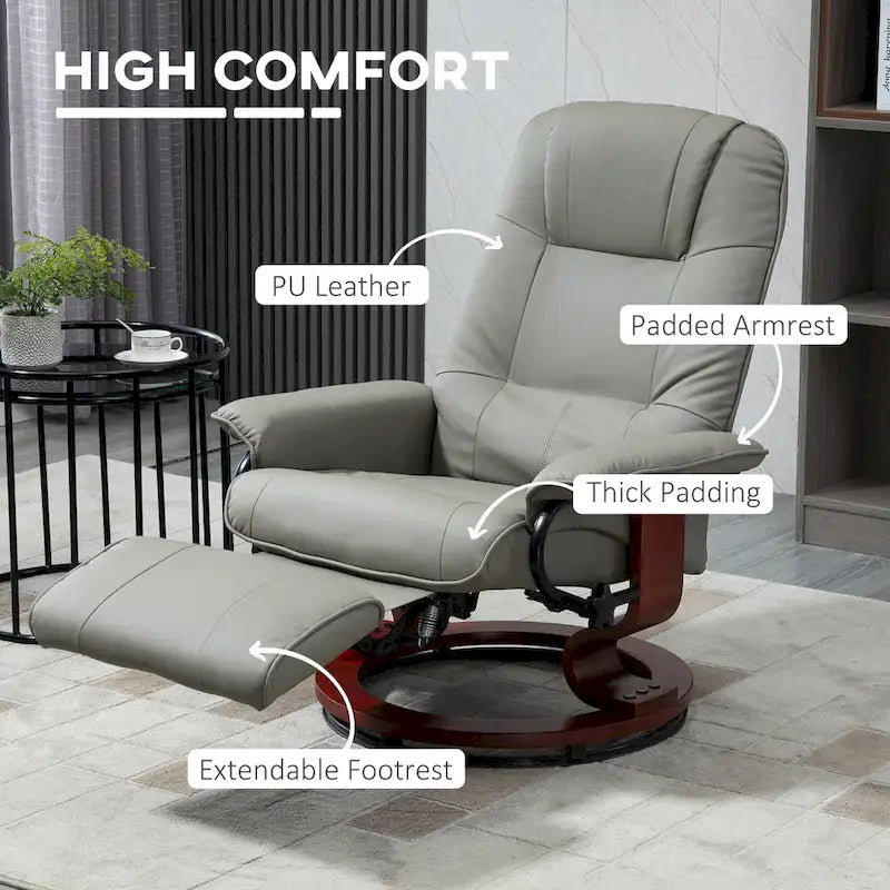Fauteuil inclinable pivotant manuel avec repose-pieds, accoudoirs et base en bois fermée