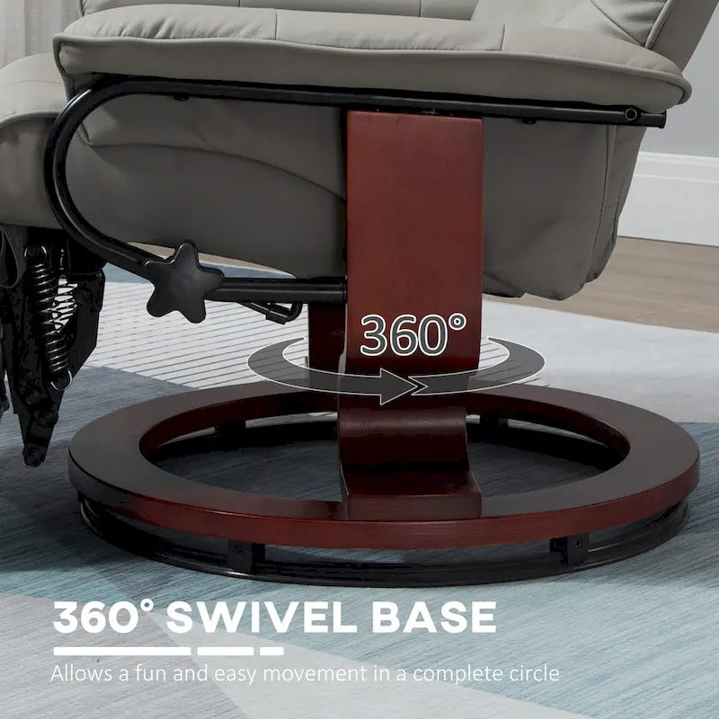 Fauteuil inclinable pivotant manuel avec repose-pieds, accoudoirs et base en bois fermée