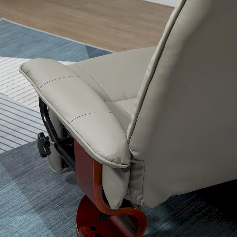 Fauteuil inclinable pivotant manuel avec repose-pieds, accoudoirs et base en bois fermée