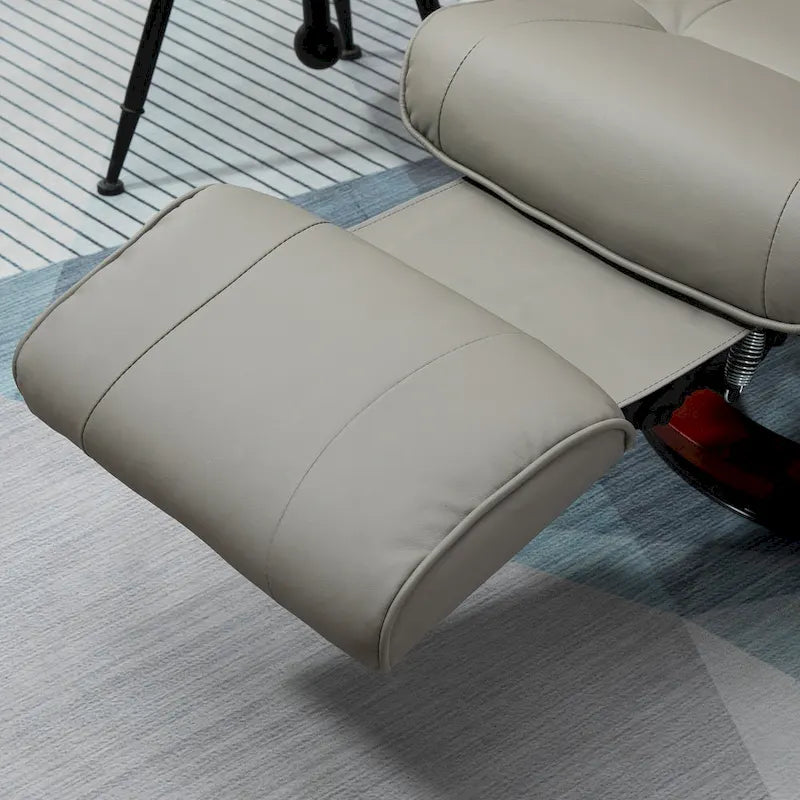 Fauteuil inclinable pivotant manuel avec repose-pieds, accoudoirs et base en bois fermée