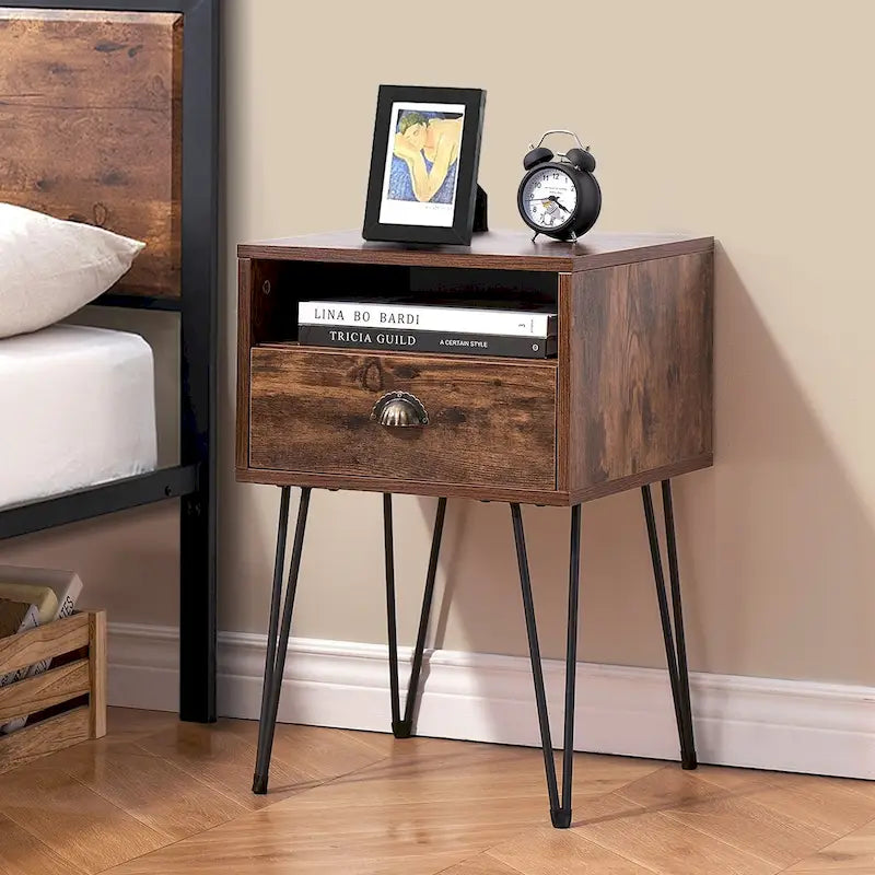 Table de chevet moderne avec tiroir, de style Mid-Century, et pieds épingles