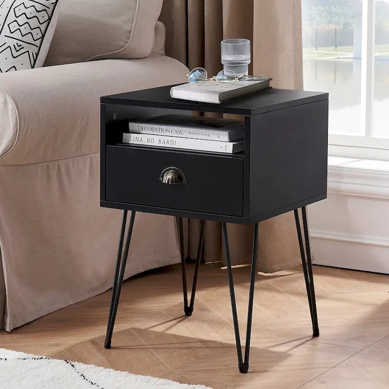 Table de chevet moderne avec tiroir, de style Mid-Century, et pieds épingles