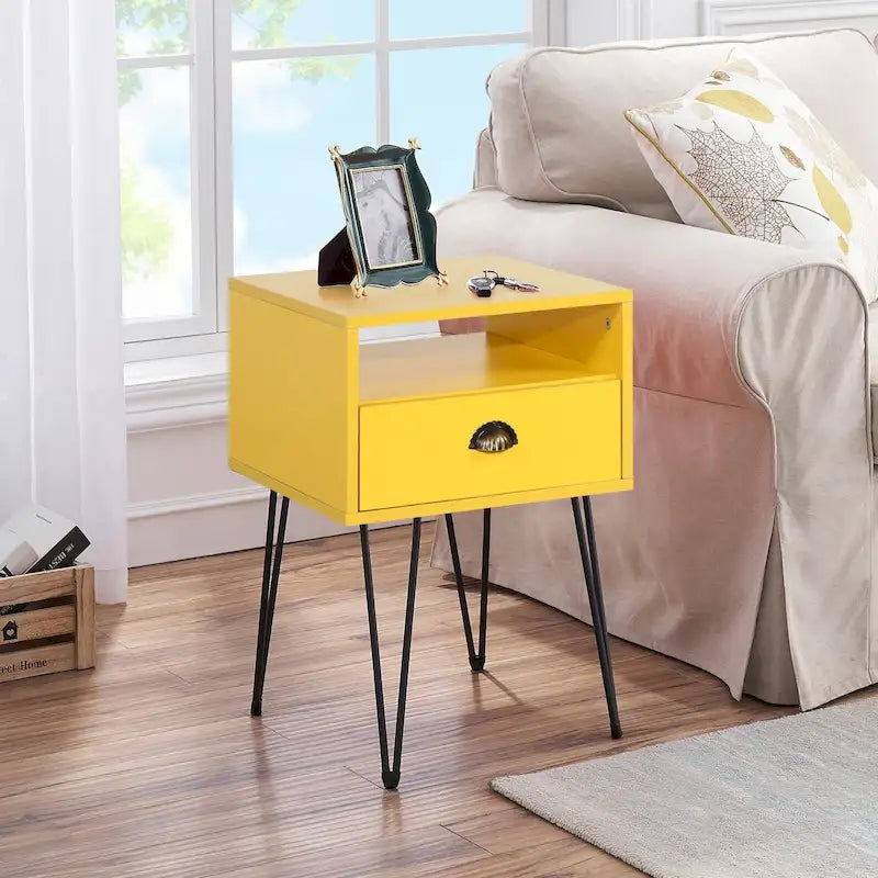 Table de chevet moderne avec tiroir, de style Mid-Century, et pieds épingles